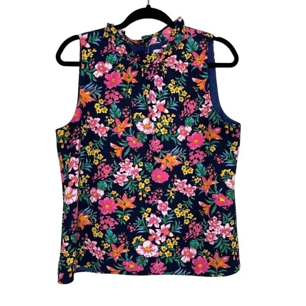 J.Crew Sleeveless Blouse Navy Blue Tropical Floral Ruffle Neck Top Sz M